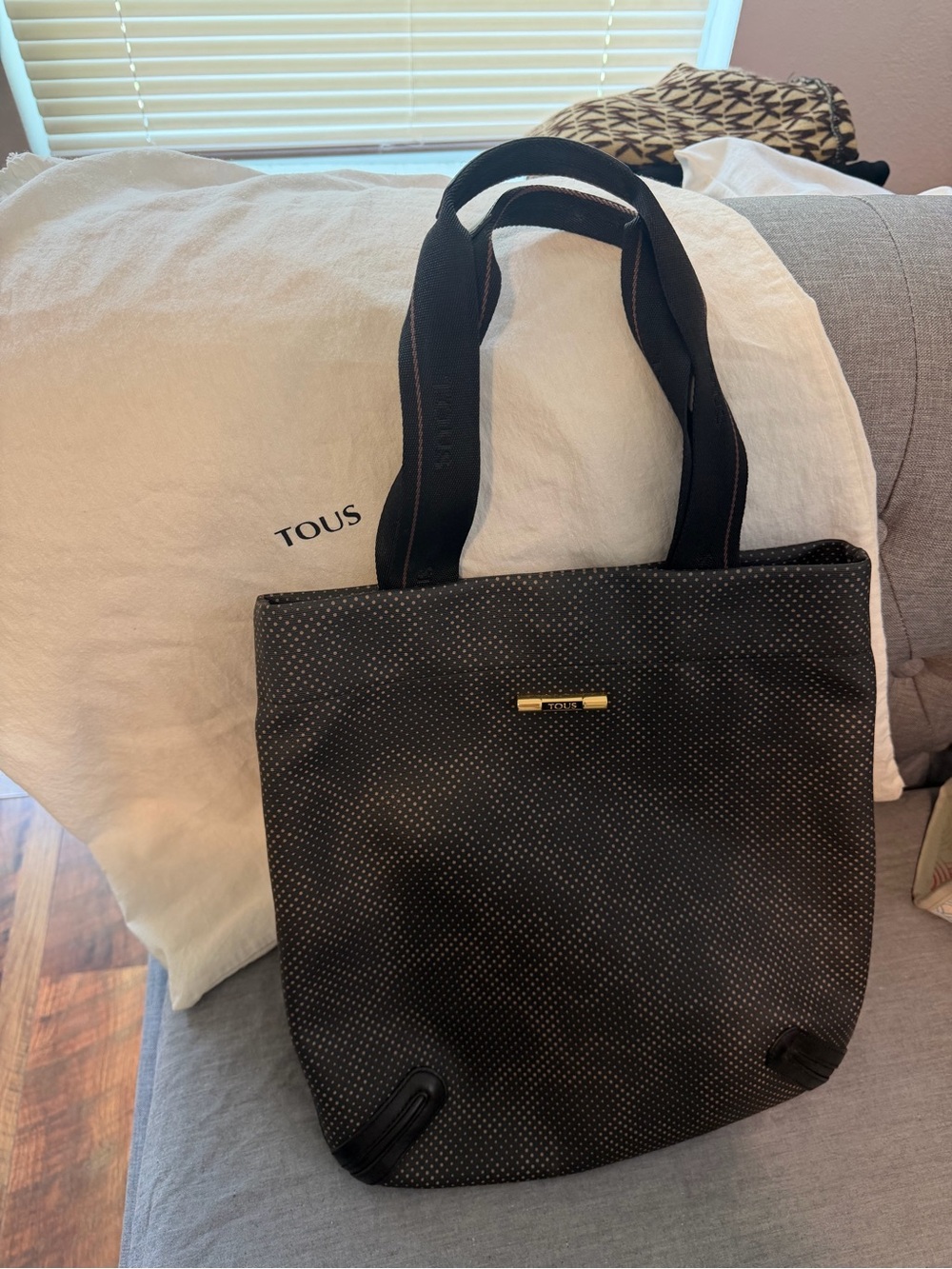 TOUS Black Dotted Messenger Tote with Gold Plate